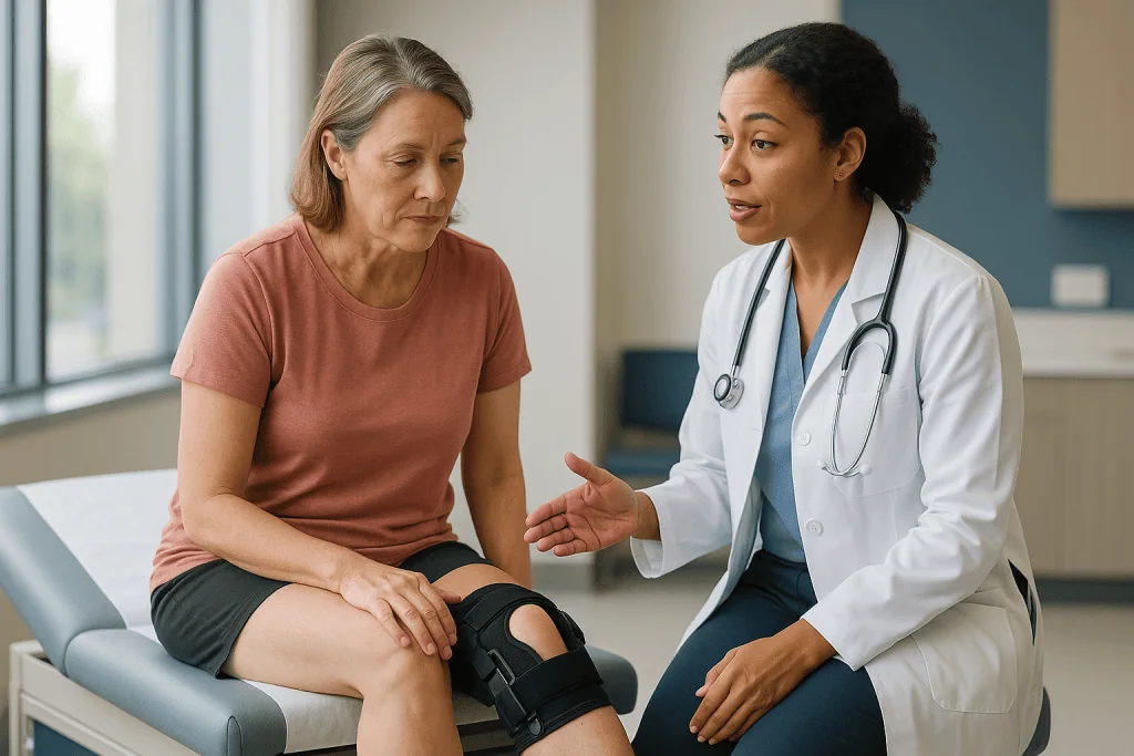 Doctor consulting patient with knee brace injury: How do you know if your ACL needs surgery? The three things clinicians wei