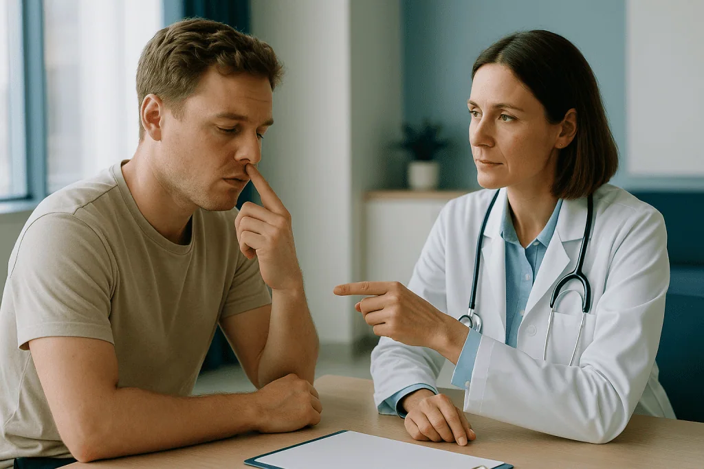Doctor consulting male patient in clinical office setting: How Do You Know If Your Maxilla Is Recessed?