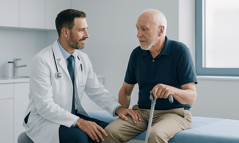 Doctor consulting elderly patient about hip health in clinic.