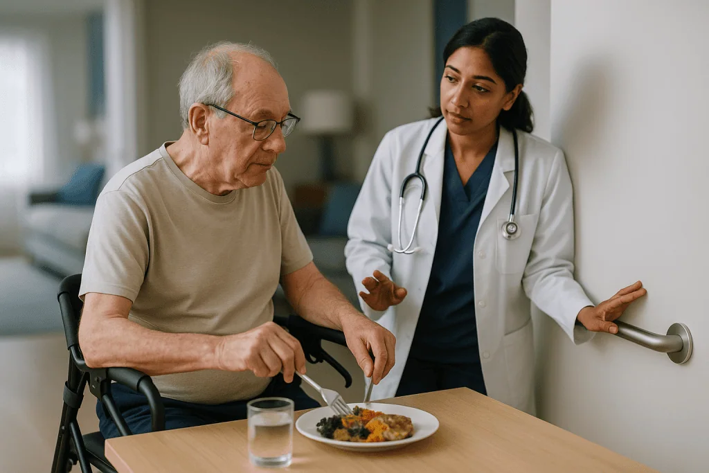 Doctor consulting elderly patient about nutrition and diet: How do you make a home safer without turning it into a ward?