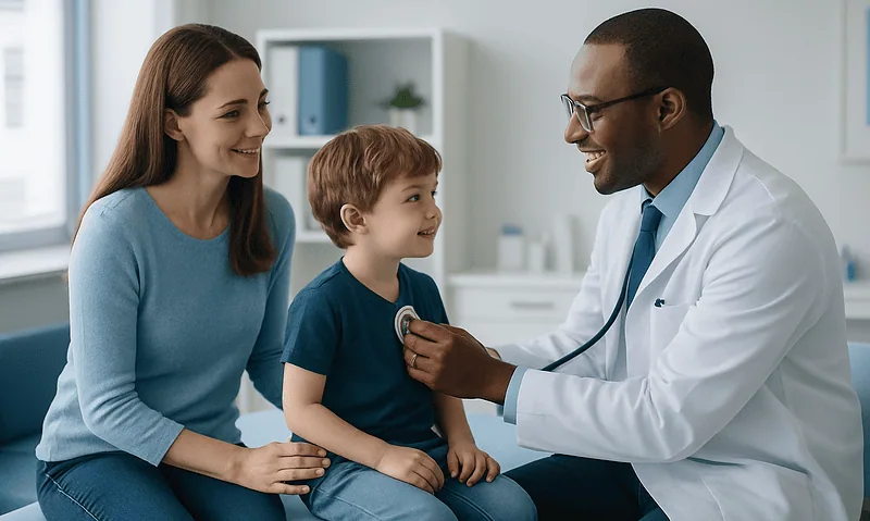 Pediatric consultation at Acibadem Hospital with doctor and young patient.