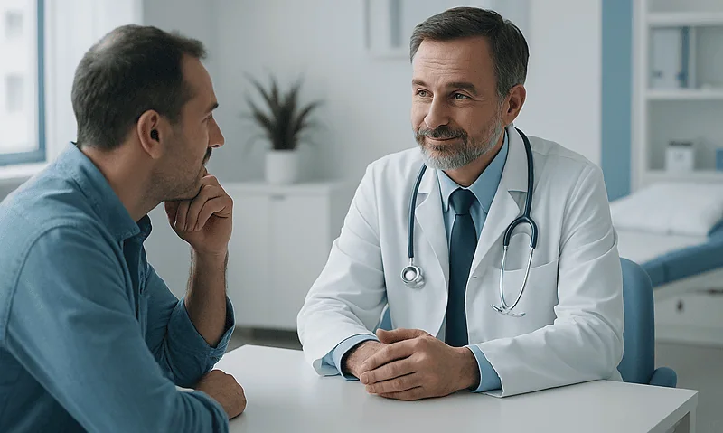 Doctor consulting with patient in a medical office setting.