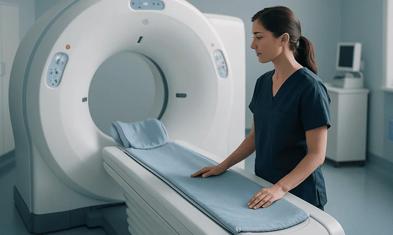 Female healthcare professional prepares MRI scan table in a modern medical facility.