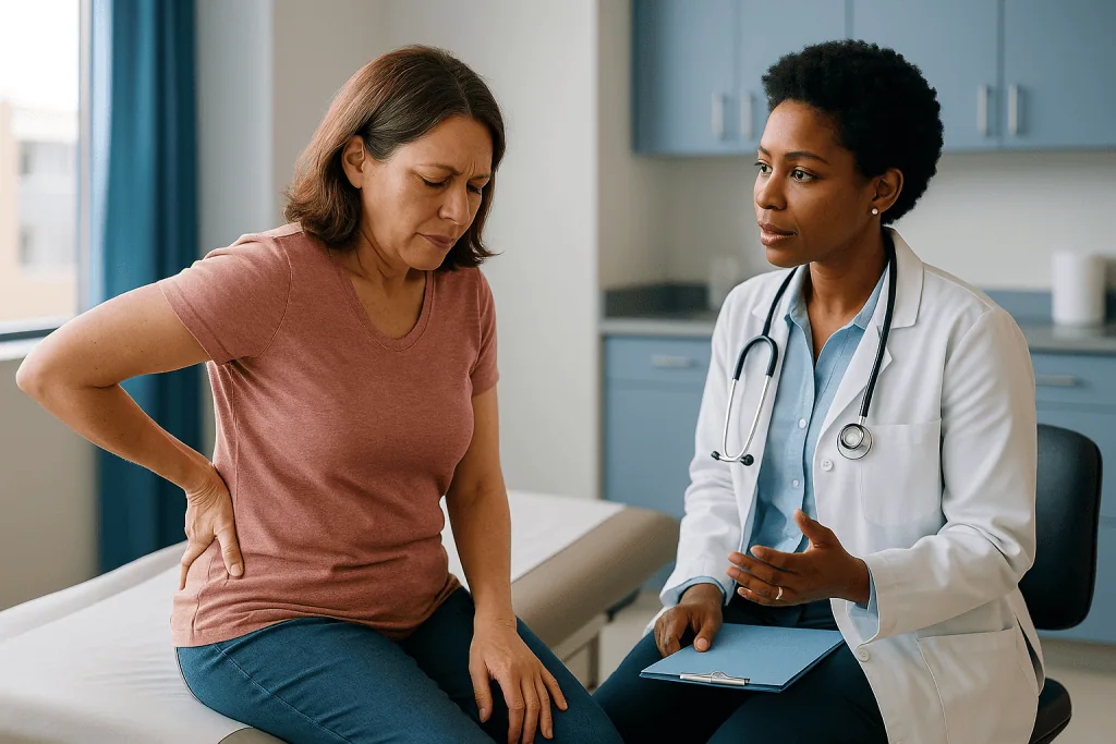 Doctor consulting patient about abdominal and back pain: How do you tell if a UTI has spread to your kidneys? Kidney infecti