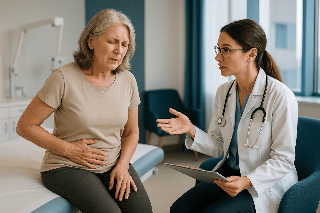 Female doctor consulting older woman about abdominal pain: How do you tell if you have prolapse after hysterectomy?
