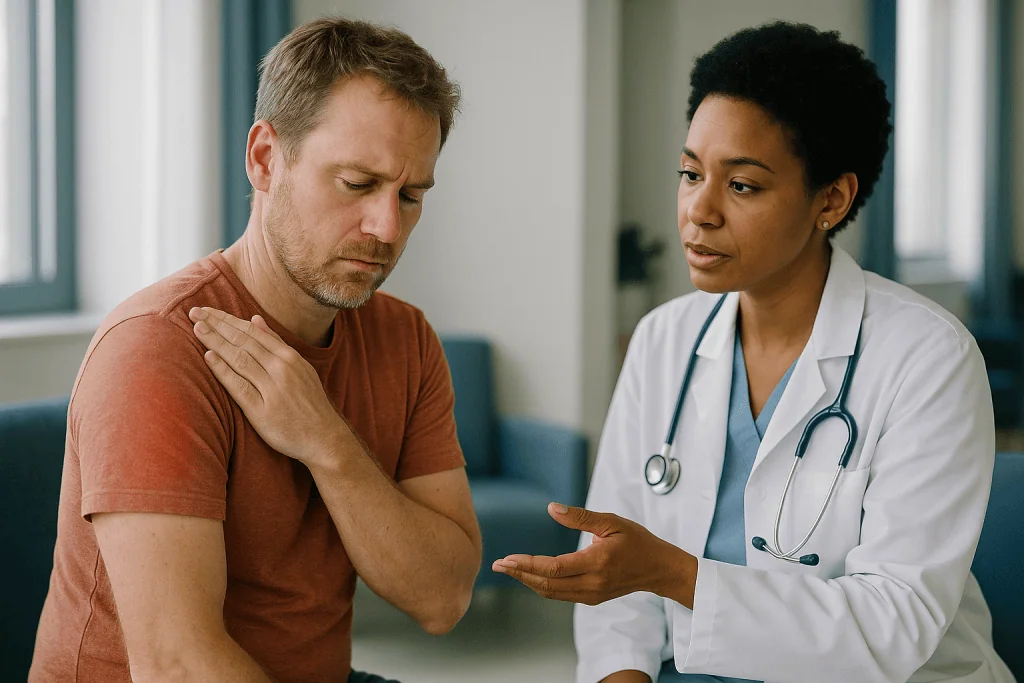 Doctor consulting with male patient about shoulder pain: How do you tell if you have sun poisoning? Symptoms hour by hour