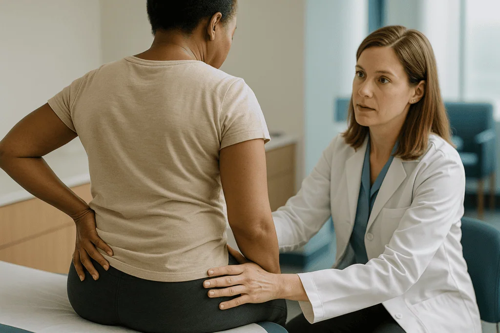 Doctor examining patient's lower back pain during consultation: How do you tell loose skin from lost volume?