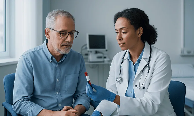 Doctor explaining treatment to an older male patient in a clinic setting.