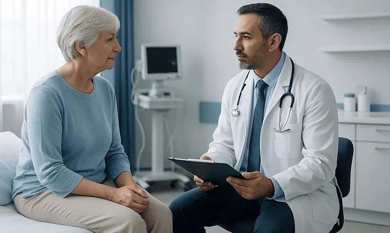 Doctor consulting with elderly female patient in a hospital room.