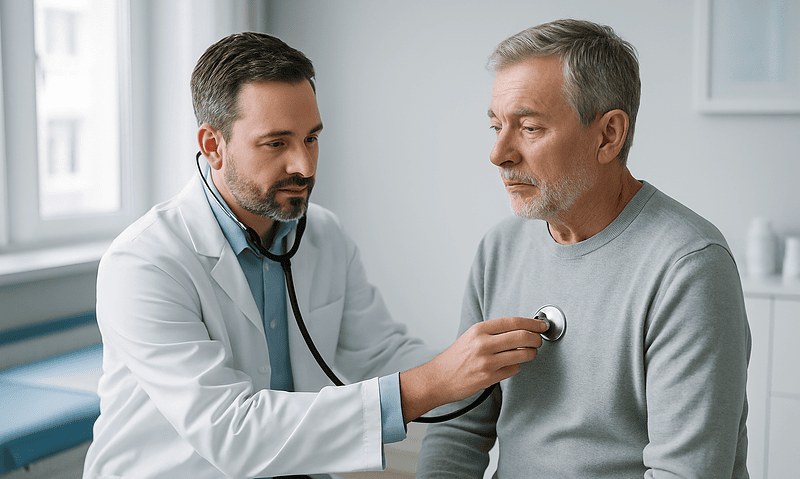 Doctor examining an elderly male patient with a stethoscope in a clinic.