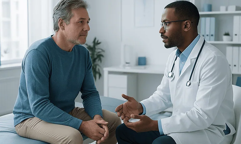Doctor discussing treatment options with middle-aged male patient in clinic.