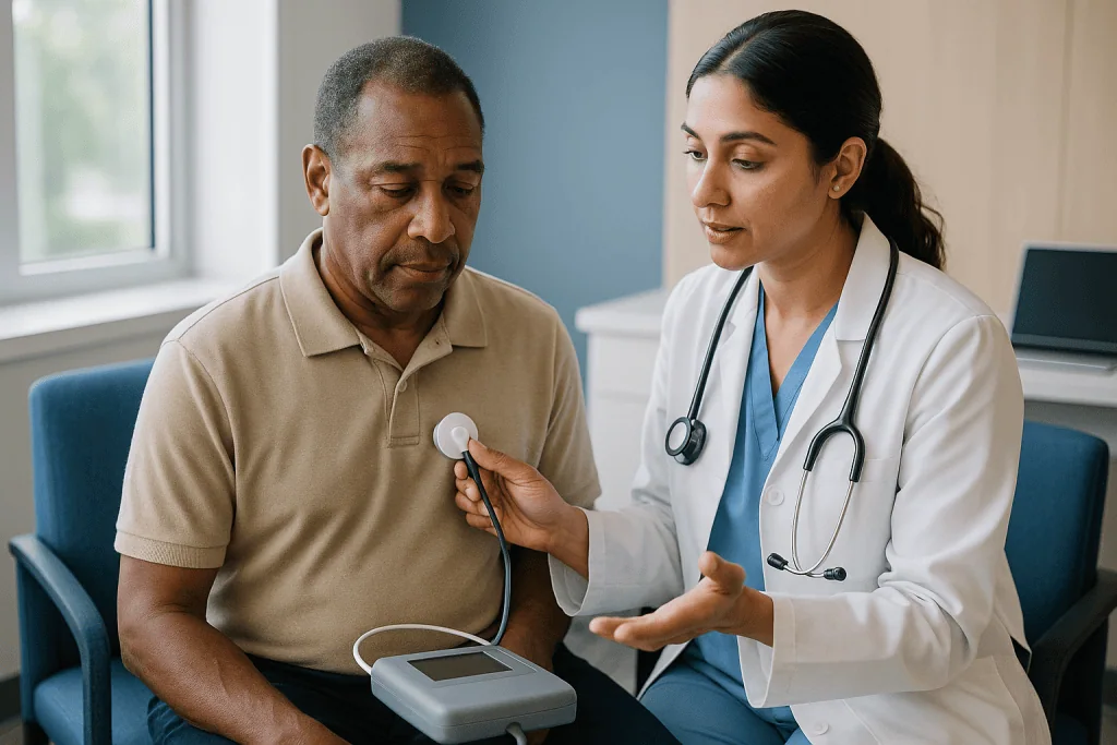 Doctor examining patient with stethoscope and blood pressure monitor: How doctors look for sarcoidosis in the heart