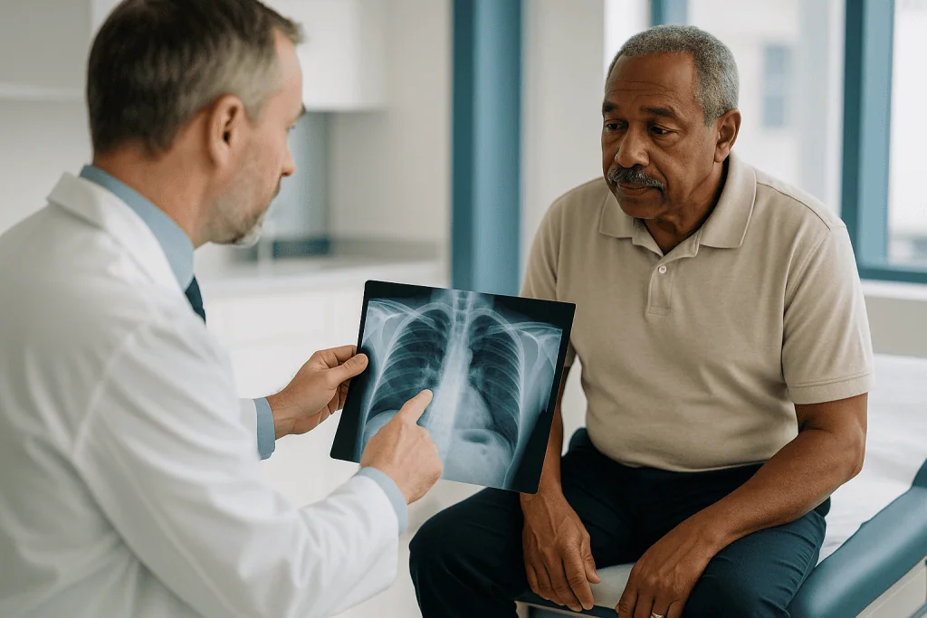 Doctor reviewing chest X-ray with middle-aged male patient: How doctors tell asbestosis from mesothelioma: the tests, in ord