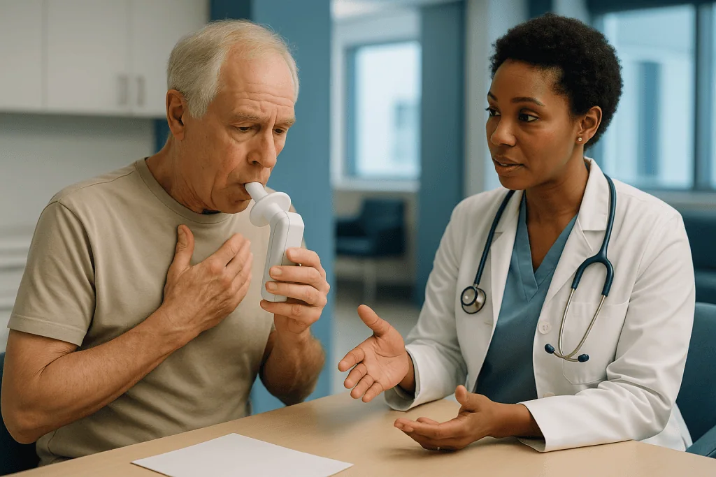Doctor consulting elderly patient about respiratory condition: How doctors tell bronchiectasis from COPD: what actually happ
