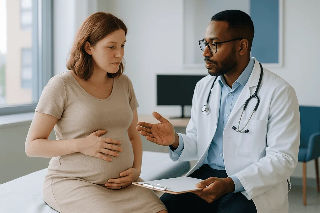 Pregnant woman consulting with male physician in clinic — How doctors tell normal pregnancy swelling from a true blockage