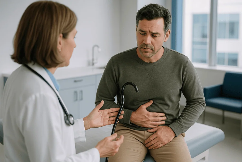 Doctor examining patient's abdomen in clinical setting: How doctors tell them apart: what actually happens during the workup
