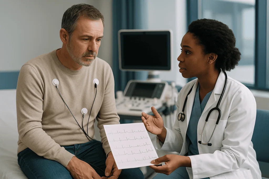 Cardiologist discussing ECG results with male patient: How doctors work through inflammatory heart disease tests, step by st