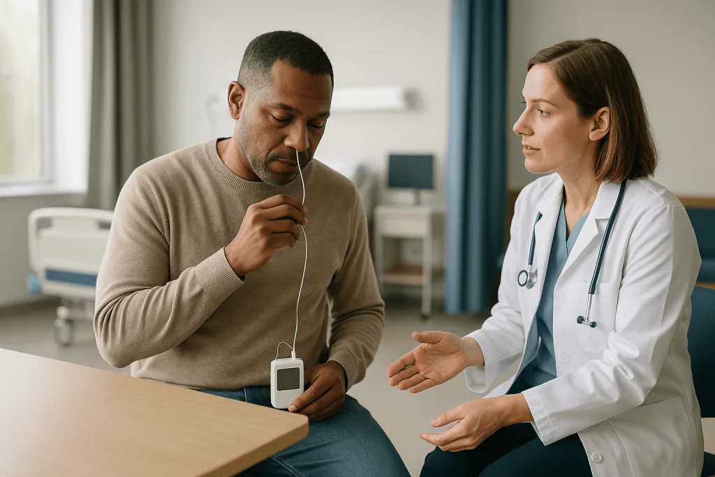 Doctor consulting patient with portable monitoring device: How does a 24 hour esophageal pH test actually work?