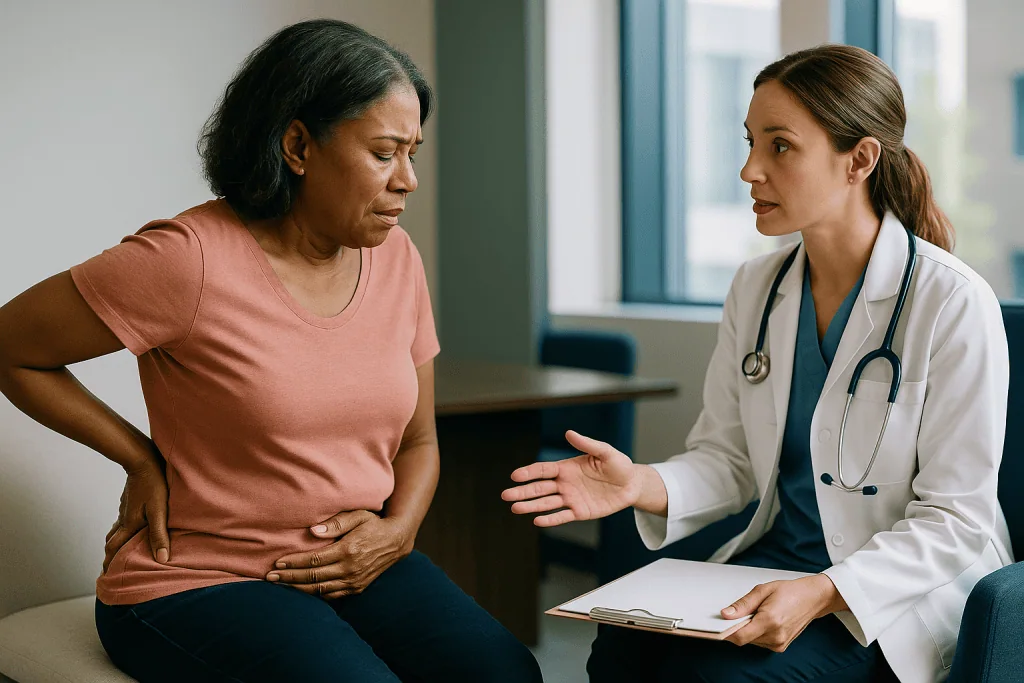 Doctor consulting patient about abdominal pain symptoms: How does a bladder infection spread to the kidneys?
