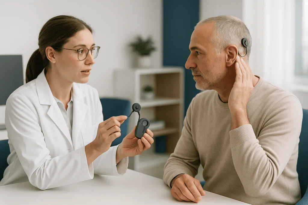 Audiologist demonstrating hearing aid device to adult patient: How does a bone conduction implant work?