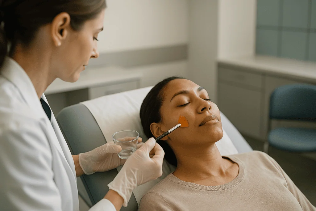 Dermatologist applying chemical peel to patient's face: How does a chemical peel work, layer by layer?