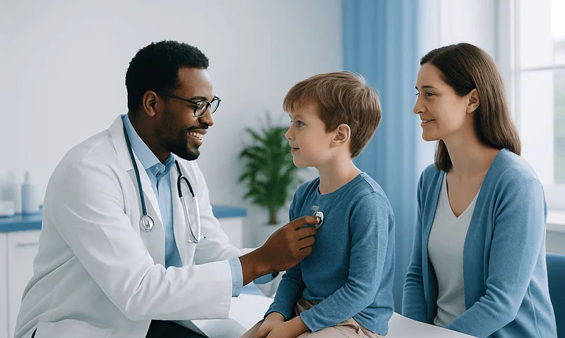 Pediatric doctor examining a young boy in a hospital setting.