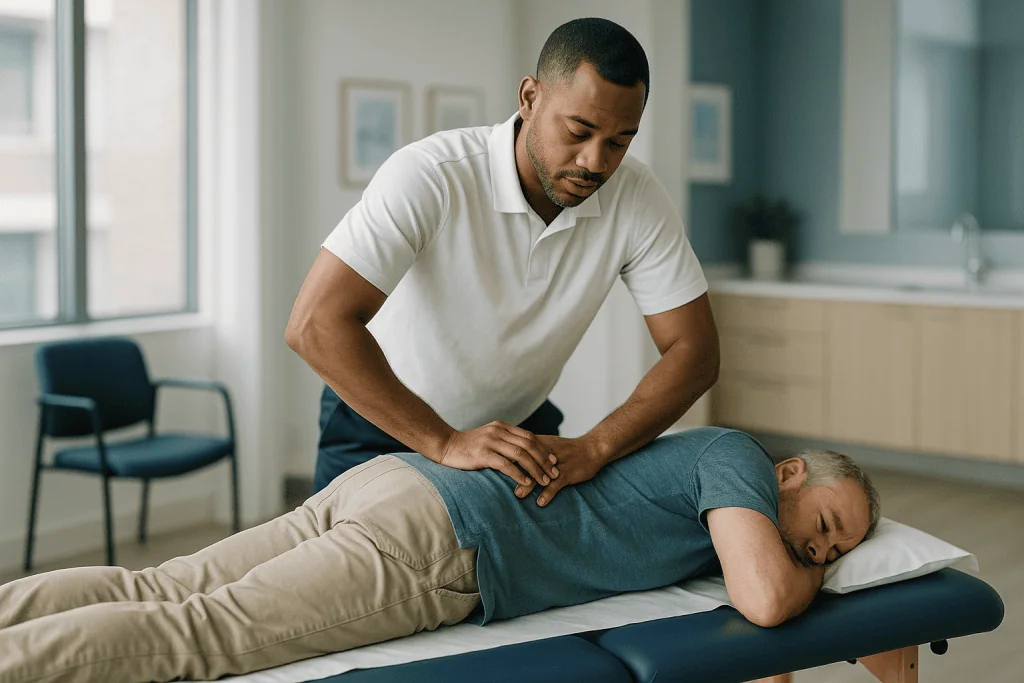 Therapist performing manual therapy on patient's lower back: How does a chiropractic adjustment work, step by step?