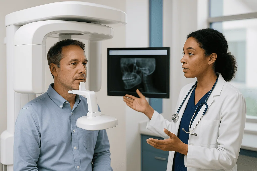 Dentist or doctor consulting with patient near imaging equipment: How does a cone beam CT dental scan actually work?