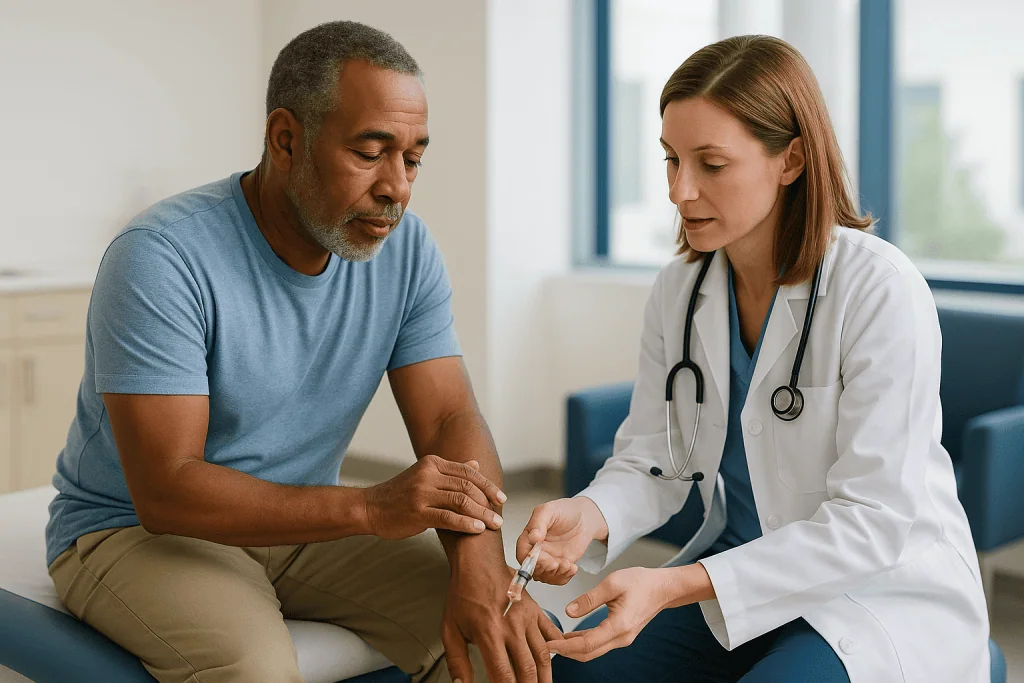 Doctor examining patient's arm, discussing joint injection: How does a cortisone shot work inside an inflamed joint?