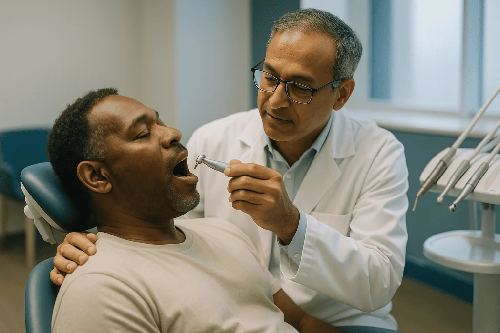 Dentist examining patient's mouth with dental tool: How does a dental drill work, and why does it feel the way it does?