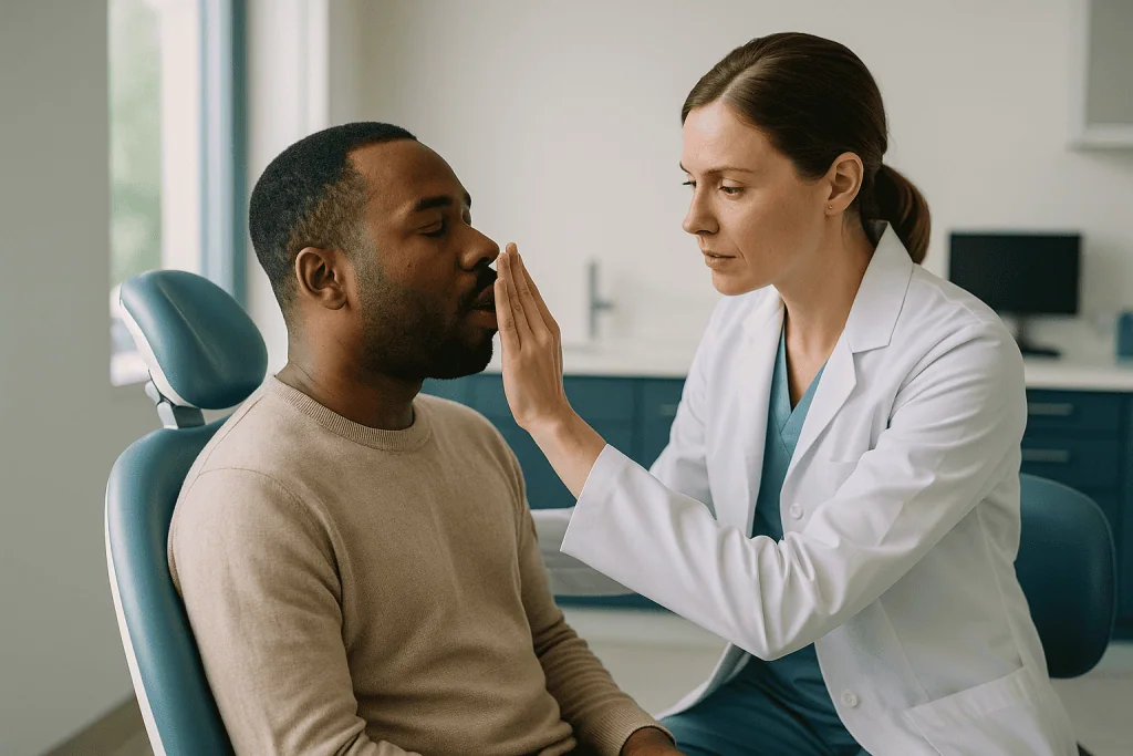 Dentist examining patient's mouth in clinical setting: How does a dentist actually check for bad breath during the appointme