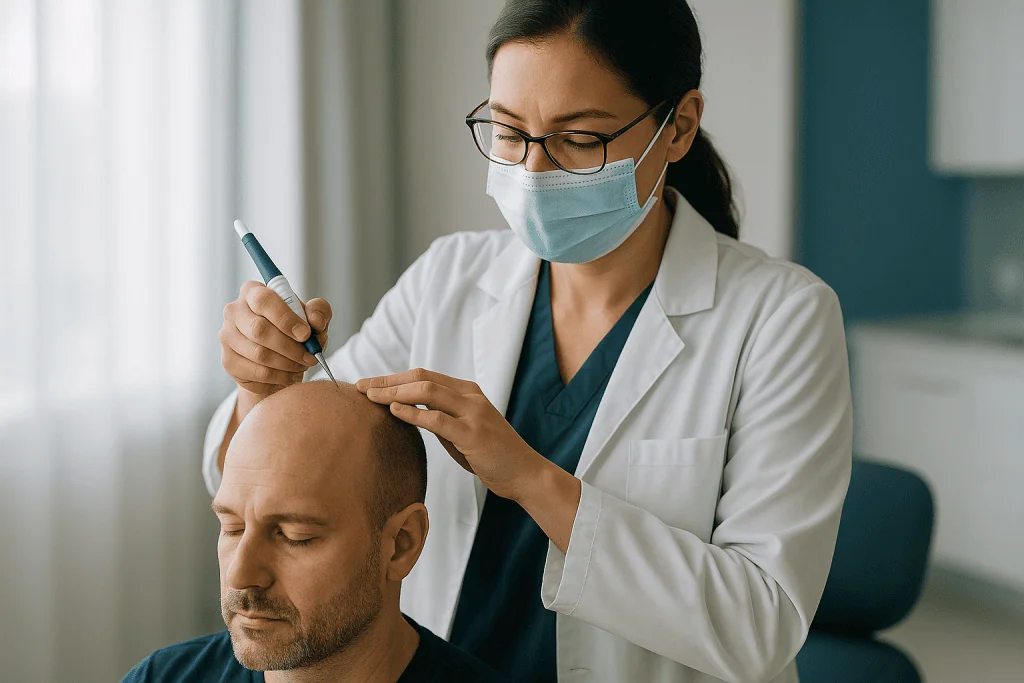 Dermatologist examining patient scalp with marking pen: How does a DHI hair transplant work at the level of a single follicl
