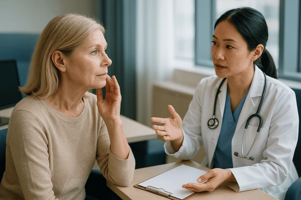 Doctor consulting with mature female patient in clinic: How does a facelift actually work?