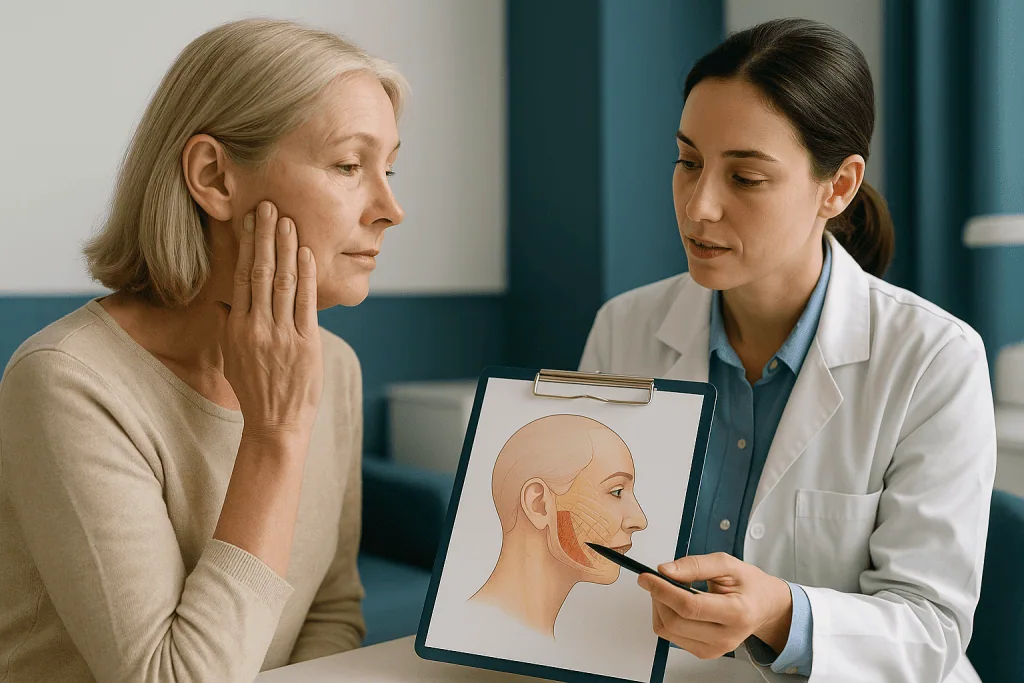 Doctor consulting patient about facial anatomy diagram: How does a facelift work, and what is the SMAS?