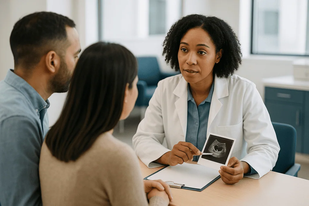 Doctor discussing ultrasound scan with couple patient: How does a fertility second opinion actually work?