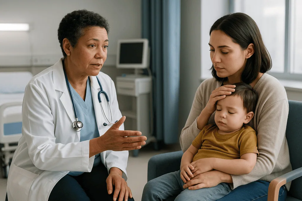 Pediatrician consulting with mother about child's health: How does a fever tip a developing brain into a seizure?