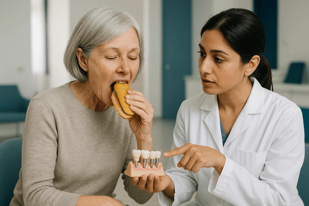 Dentist demonstrating dental implant model to senior patient: How does a fixed prosthesis actually stay in place?