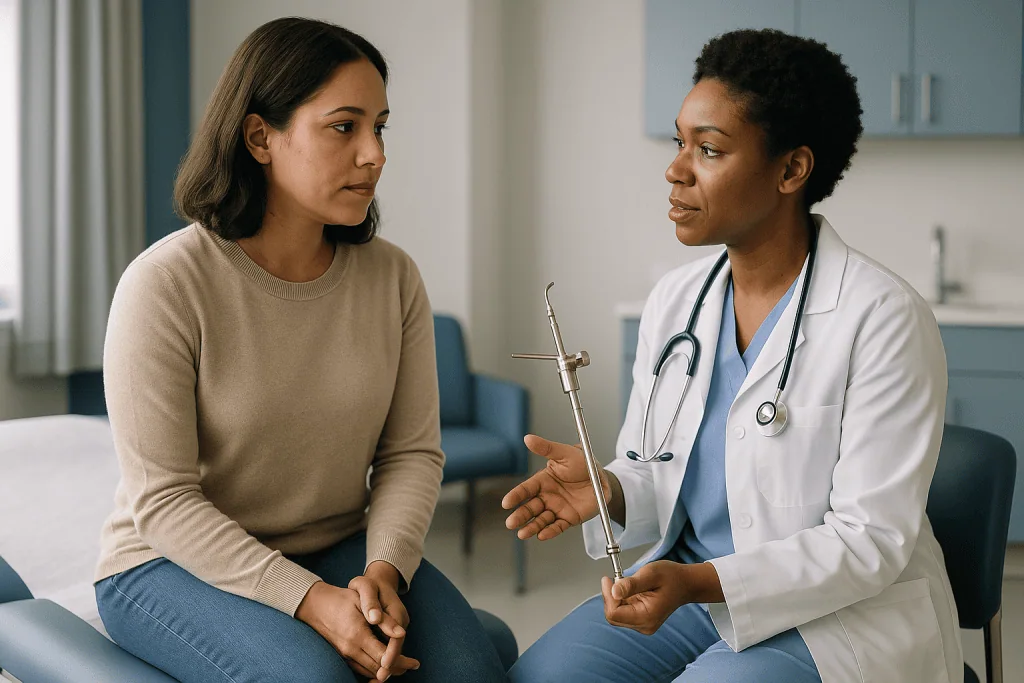 Female doctor consulting female patient in clinical setting: How does a hysteroscopy actually work, step by step?
