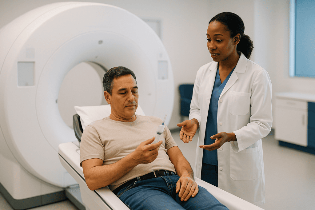 Doctor explaining PET-CT scan results to male patient: How does a PET-CT scan actually work, in plain language?