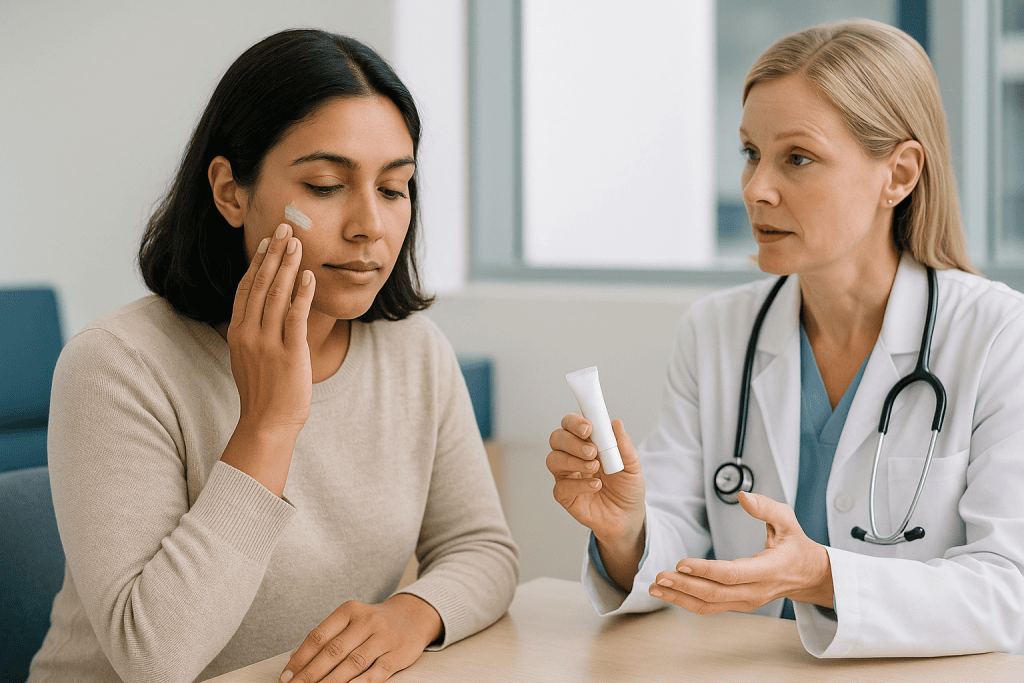 Doctor showing skincare product to patient in consultation: How does a priming cream actually work in the skin?