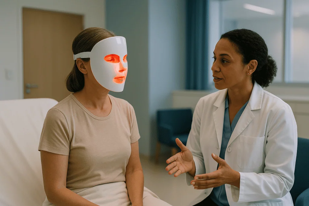 Patient wearing LED mask consulting with dermatologist: How does a red light mask actually work on skin?