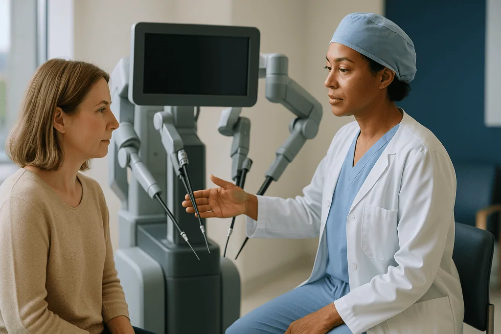 Female surgeon consulting with patient before robotic procedure: How does a robotic hysterectomy actually work, step by step