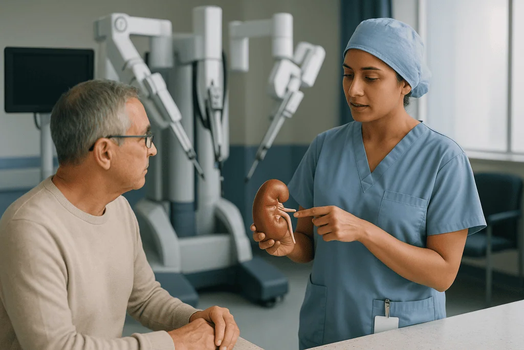 Healthcare provider showing anatomical model to older male patient: How does a robotic partial nephrectomy work, step by ste