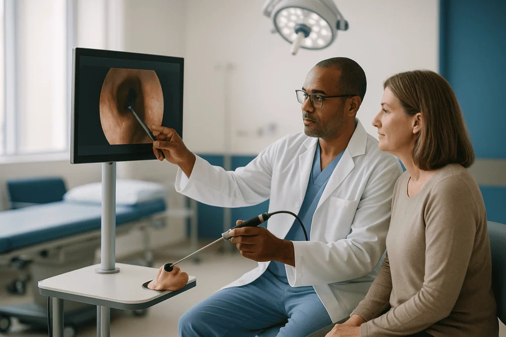 Doctor explaining endoscopic imaging to patient in clinical setting: How does a sinus surgery navigation system actually wor