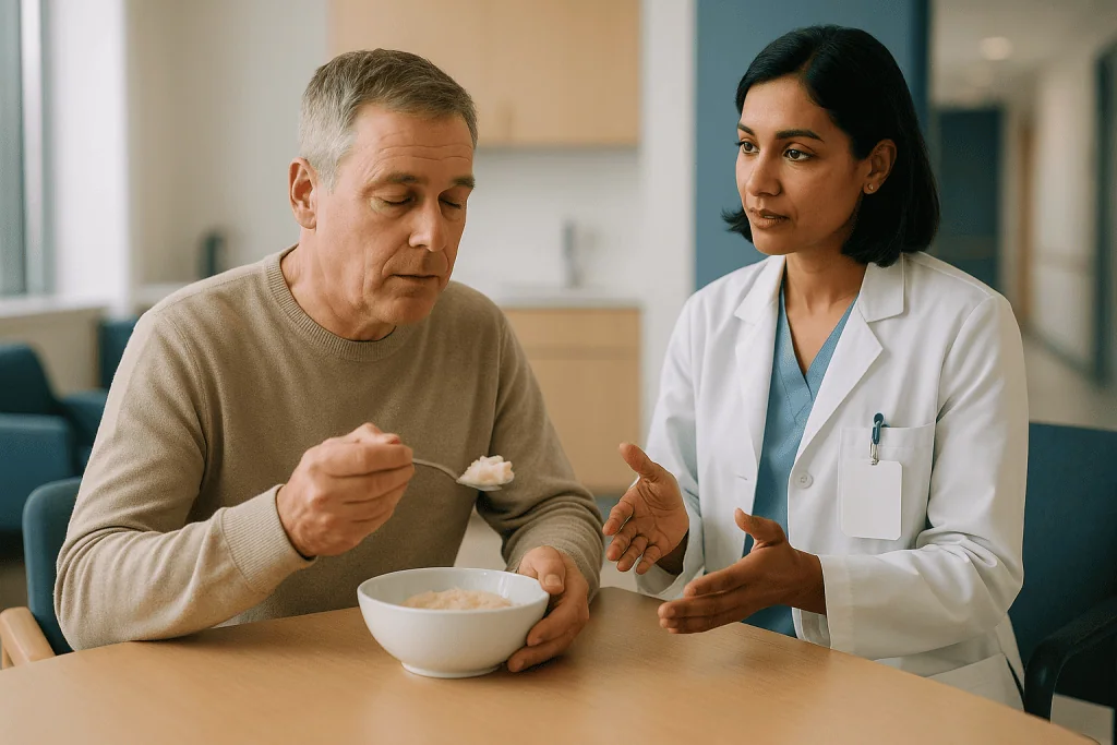 Doctor consulting patient eating soft food from bowl: How does a soft diet for TMJ actually work?