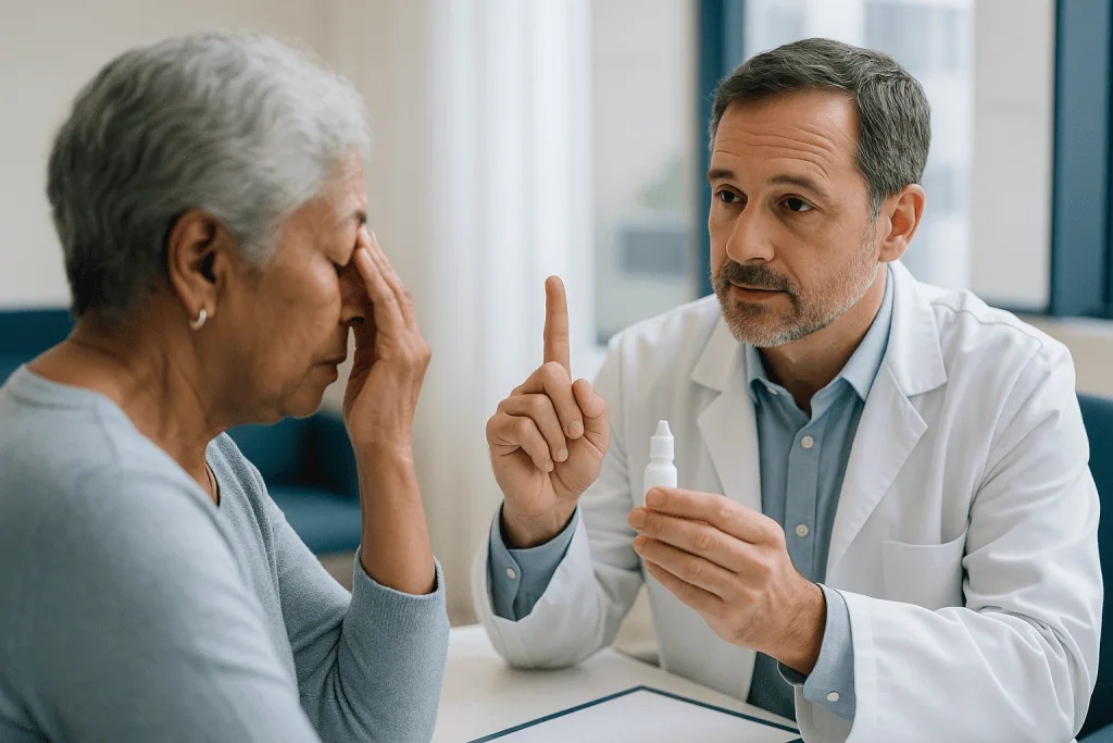 Doctor consulting with senior patient about medication: How does a specialist know the eye drops are not working well enough