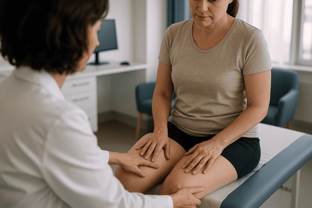Doctor examining patient's leg during physical examination: How does a thigh lift actually work, and where can it go wrong?