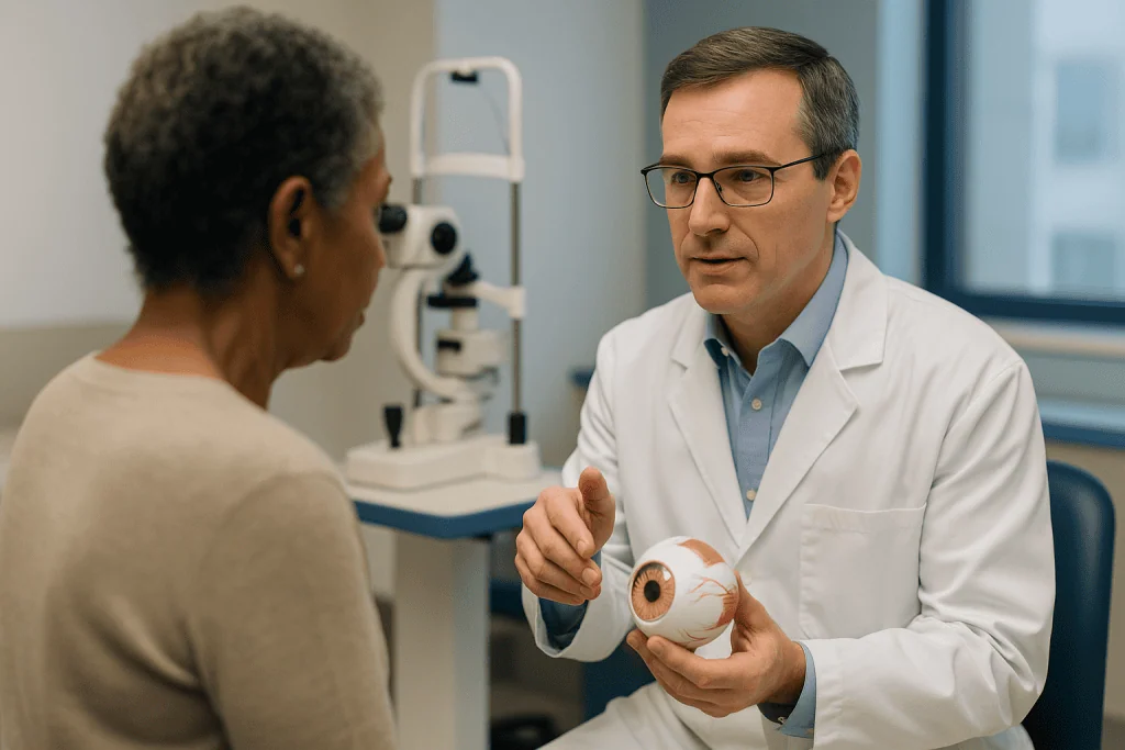 Ophthalmologist consulting patient with eye model: How does a trabeculectomy actually work?