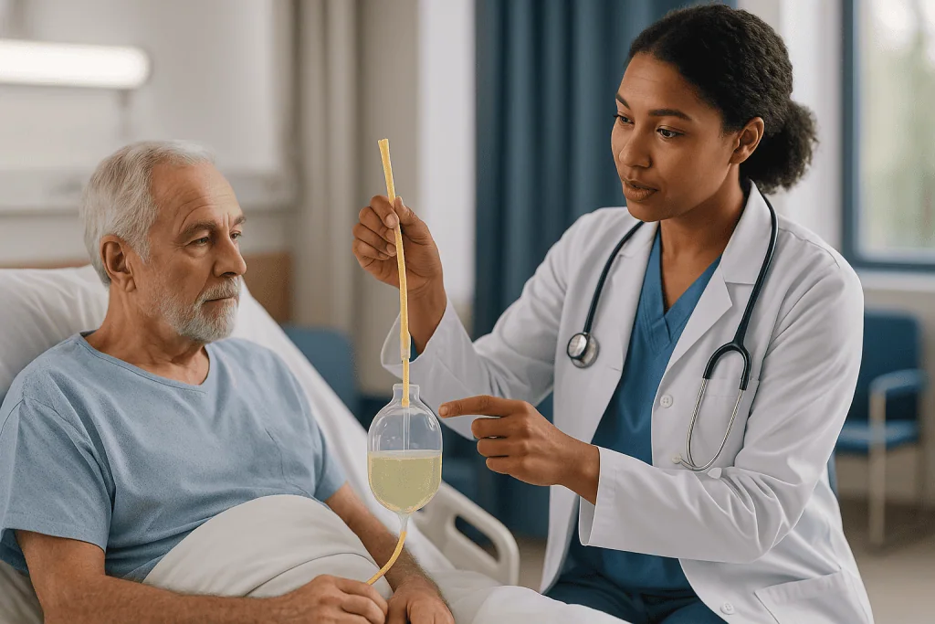 Doctor explaining urinary catheter drainage collection to elderly patient: How does a urinary catheter work? The basic parts