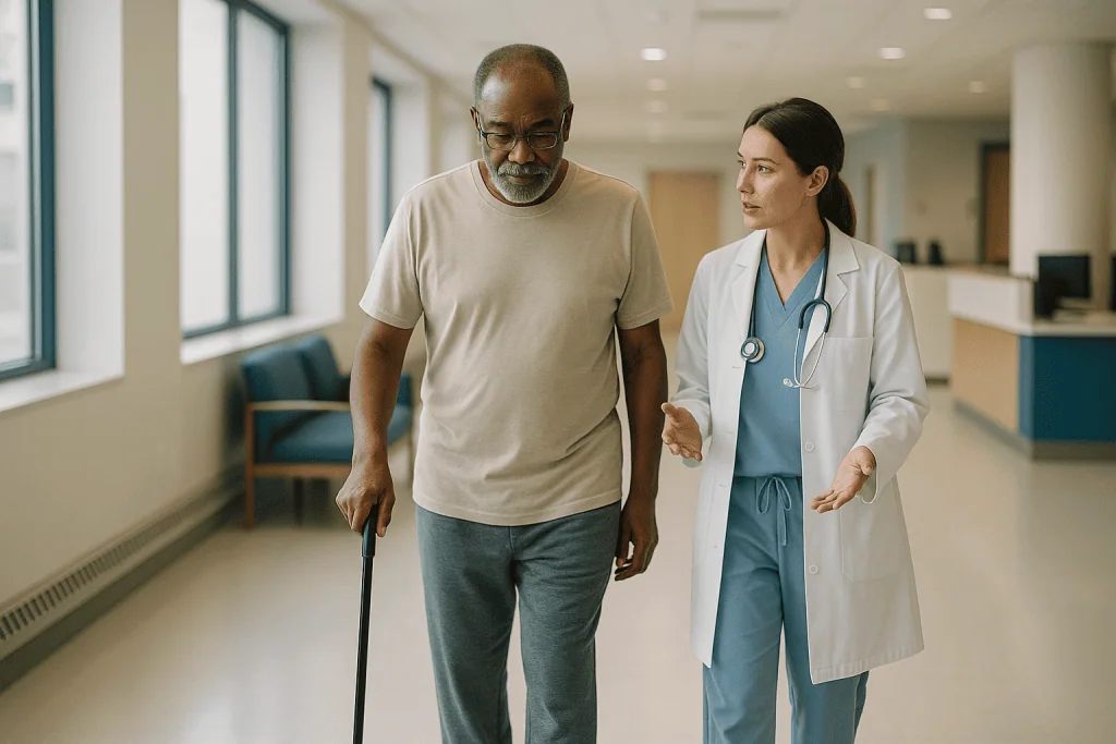 Doctor walking with elderly patient using cane in hospital corridor: How does a walking program for peripheral artery diseas
